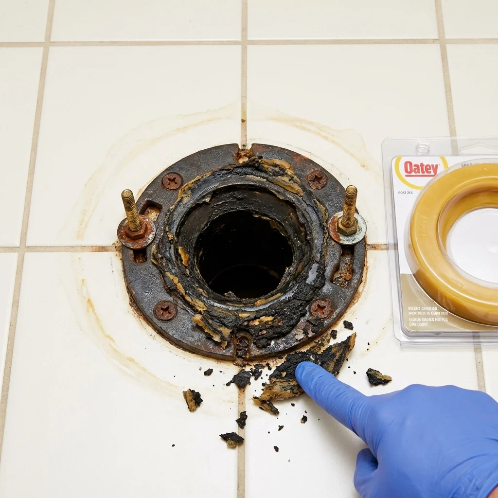 Failed wax ring showing water seepage at the base of a toilet in a Uniontown, PA home