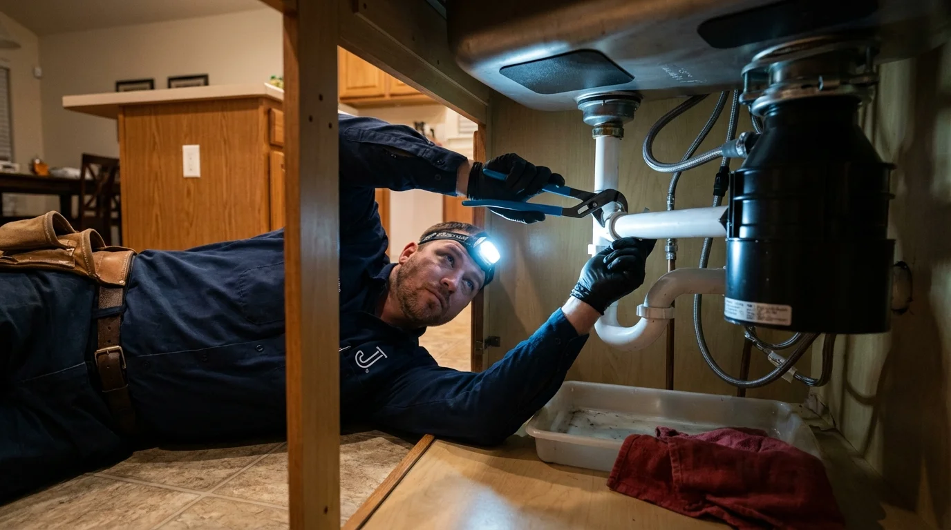 P-trap and supply line connections under a kitchen sink showing a common leak point in Uniontown, PA